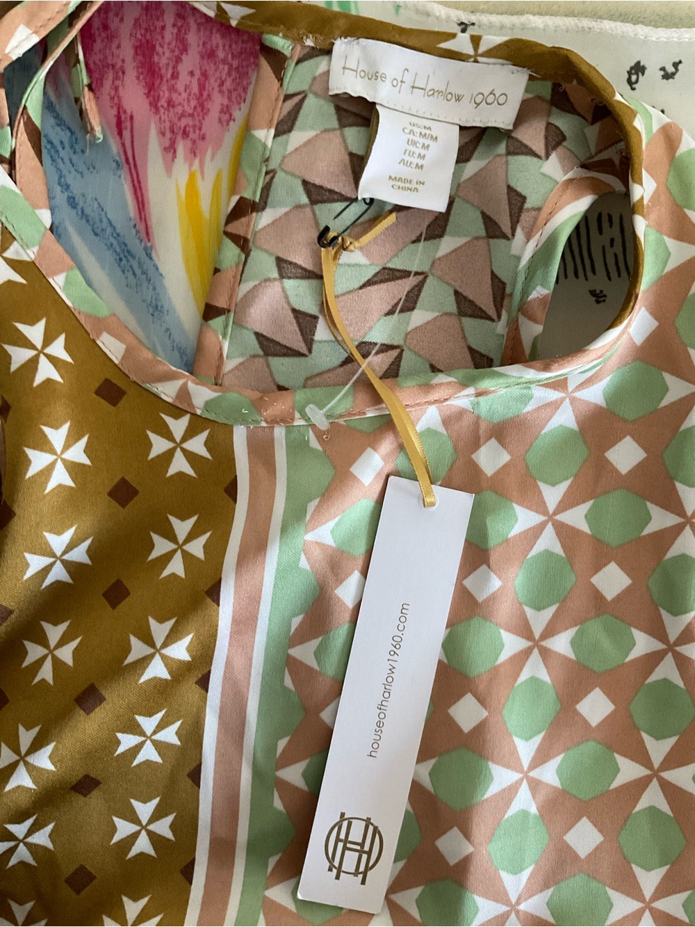 NWT Revolve House of Harlow 1960 Dress Gold Green Satin Geometric Floral Midi - Picture 3 of 9